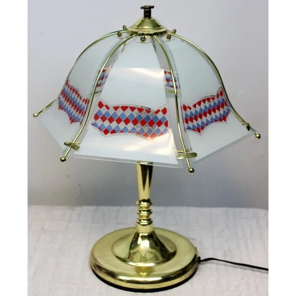 Vtg 1990s White Reverse Printed Checkered Gold Colored Bell Touch Lamp Red White